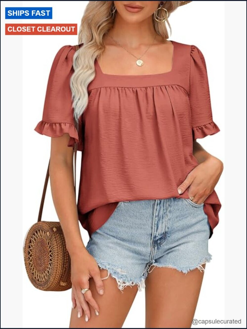 Square Neck Ruffle Sleeve Peplum Blouses Flowy Summer Tunic Tops